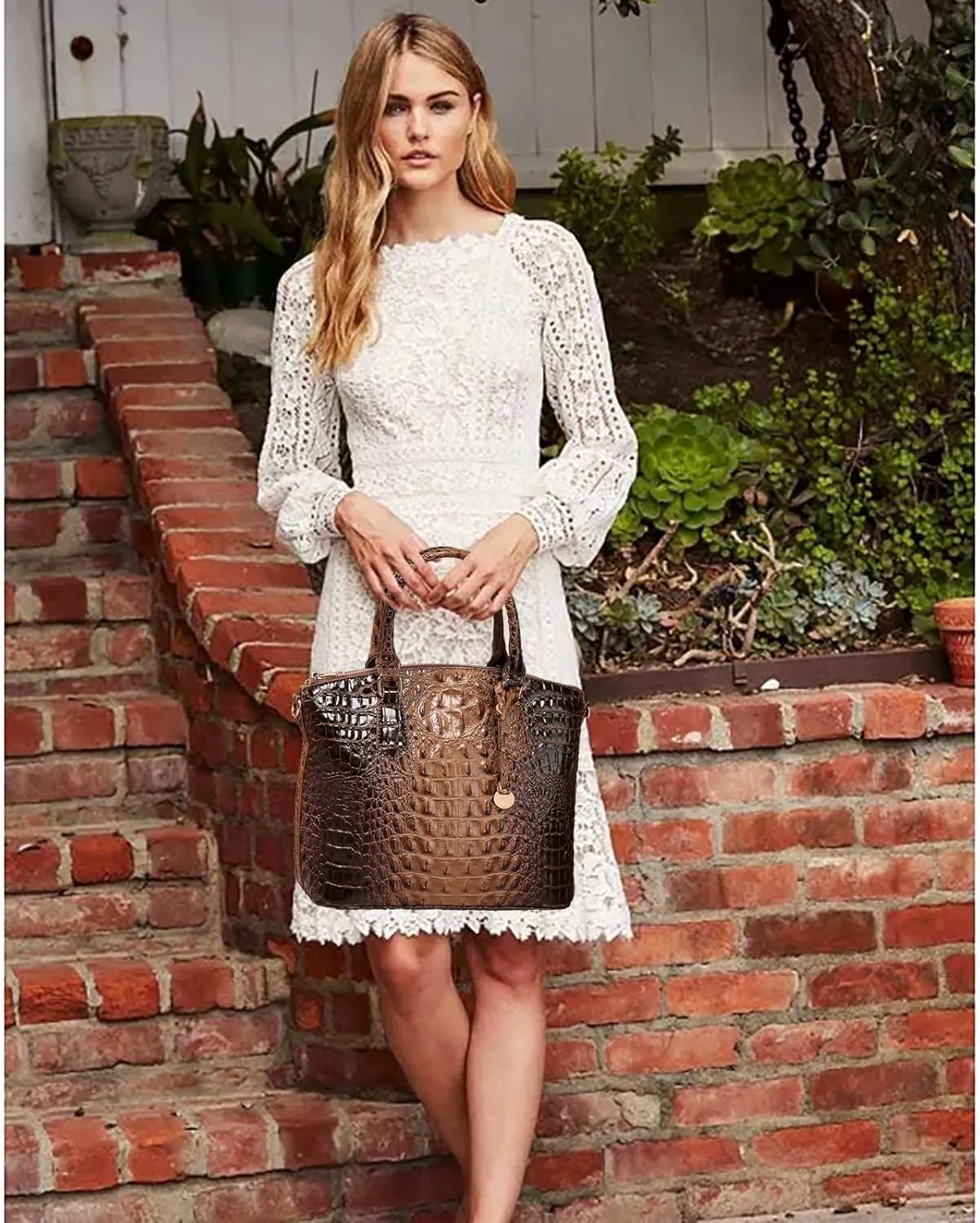Women Purse Vegan Leather Crocodile-Embossed Pattern With Removable Shoulder Strap Top Handle Large Shoulder Bags
