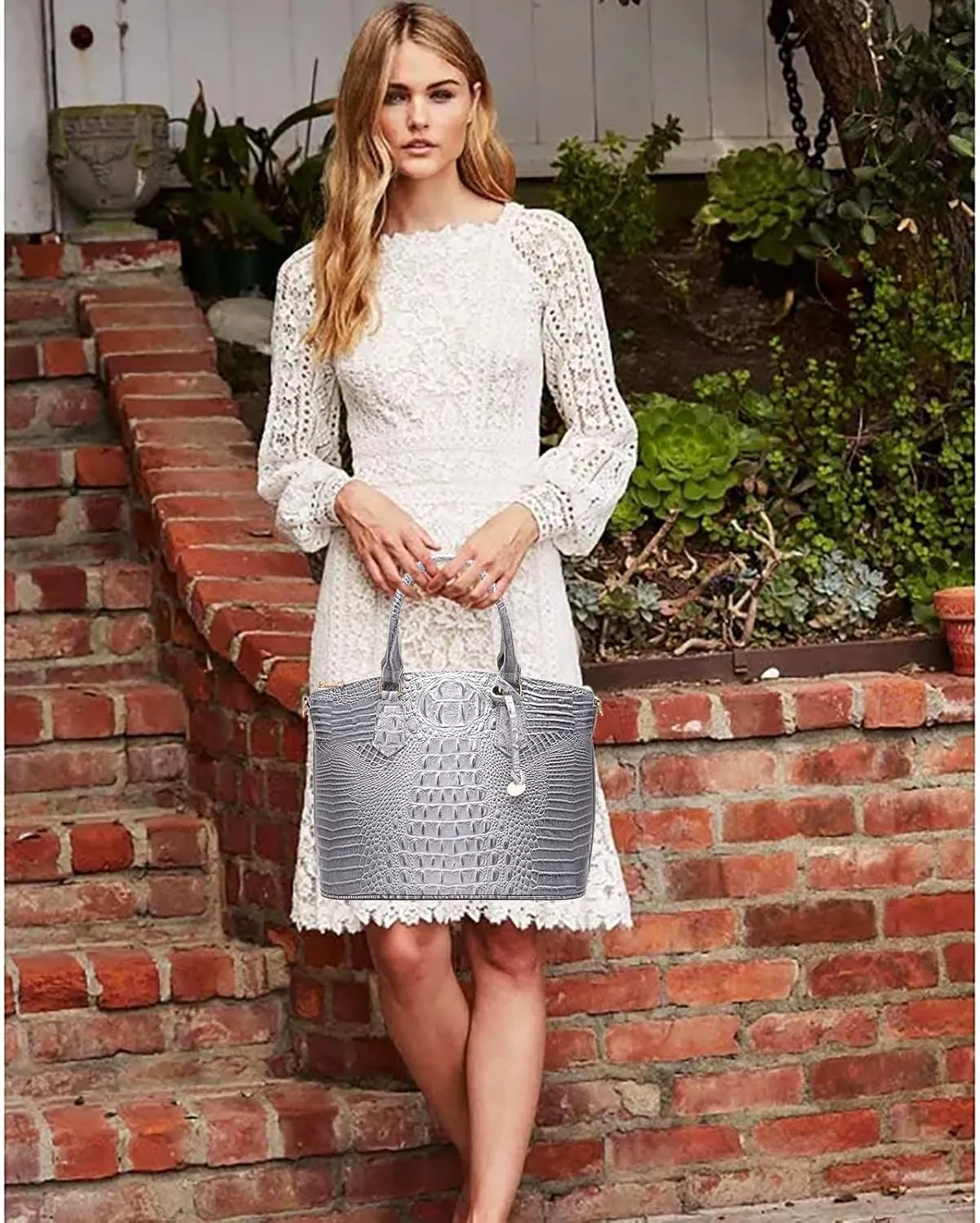 Women Purse Vegan Leather Crocodile-Embossed Pattern With Removable Shoulder Strap Top Handle Large Shoulder Bags