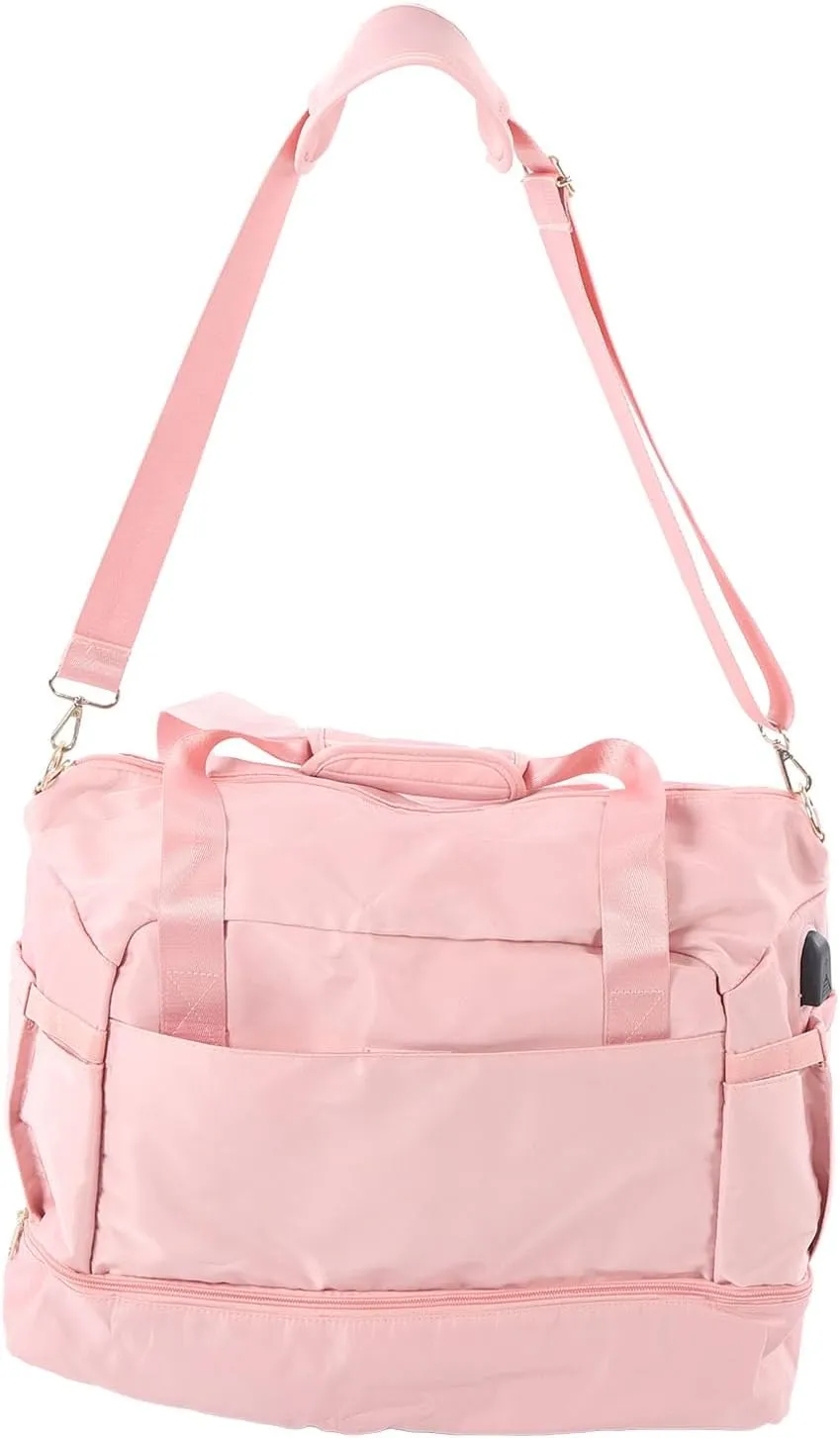 Women Sports Gym Bag Multiple Pockets Large Capacity Workout Travel Bag With Usb Charging Port For Fitness (Pink)