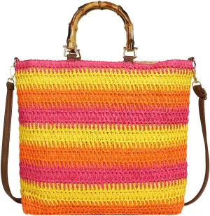 Women Straw Woven Handbag Summer Beach Bags Large Capacity Stylish Crossbody Bag with Bamboo Handle for Outdoor Tr