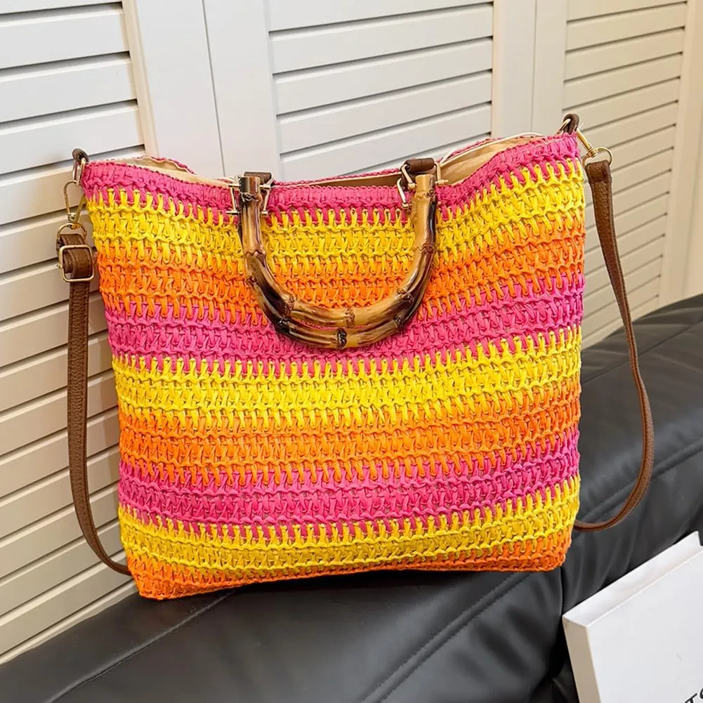 Women Straw Woven Handbag Summer Beach Bags Large Capacity Stylish Crossbody Bag with Bamboo Handle for Outdoor Tr
