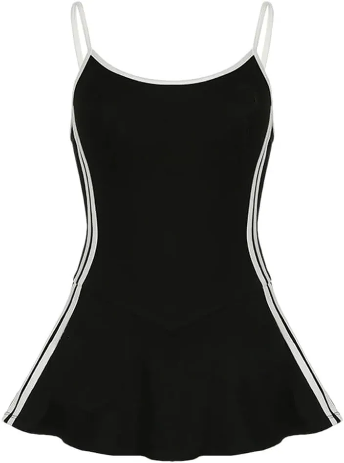 Women Tennis Style Spaghetti Strap Mini Dress Letter Print Contrast Color Sleeveless Short Dresses
