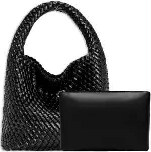 Women Vegan Leather Hand-Woven Tote Handbag Fashion Shoulder Top-handle Bag All-Match Underarm Bag with Purse
