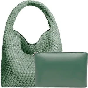 Women Vegan Leather Hand-Woven Tote Handbag Fashion Shoulder Top-handle Bag All-Match Underarm Bag with Purse