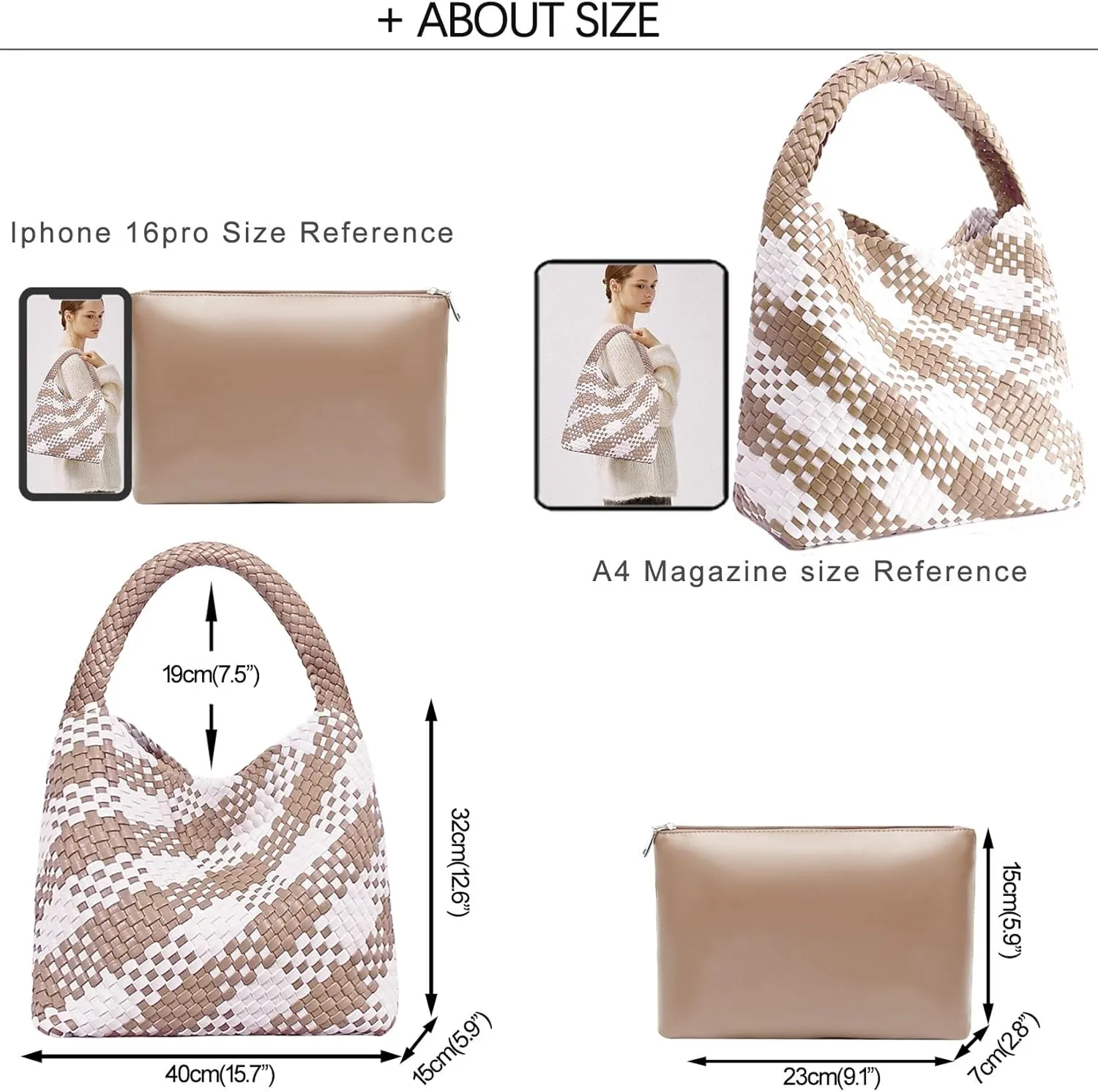 Women Vegan Leather Hand-Woven Tote Handbag Fashion Shoulder Top-handle Bag All-Match Underarm Bag with Purse