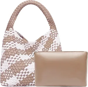 Women Vegan Leather Hand-Woven Tote Handbag Fashion Shoulder Top-handle Bag All-Match Underarm Bag with Purse