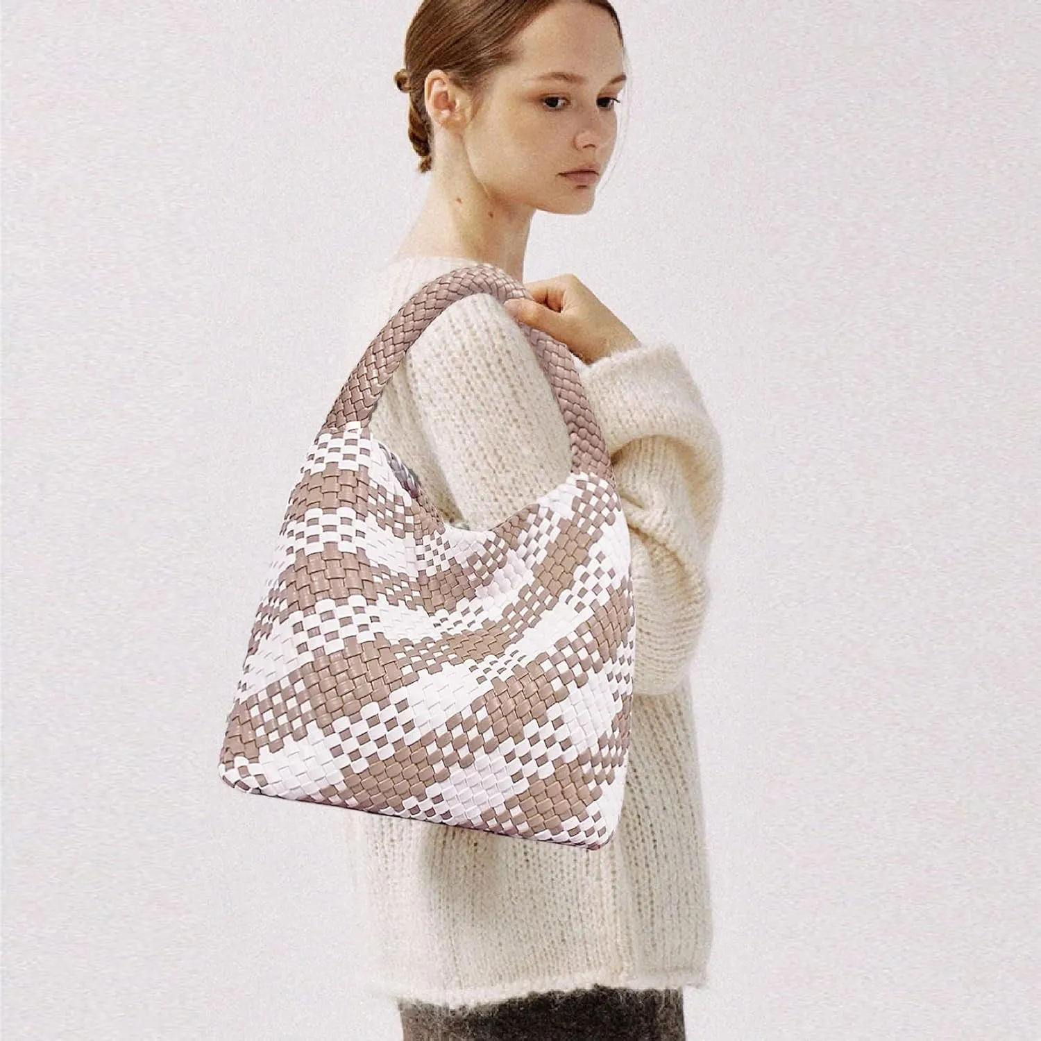 Women Vegan Leather Hand-Woven Tote Handbag Fashion Shoulder Top-handle Bag All-Match Underarm Bag with Purse