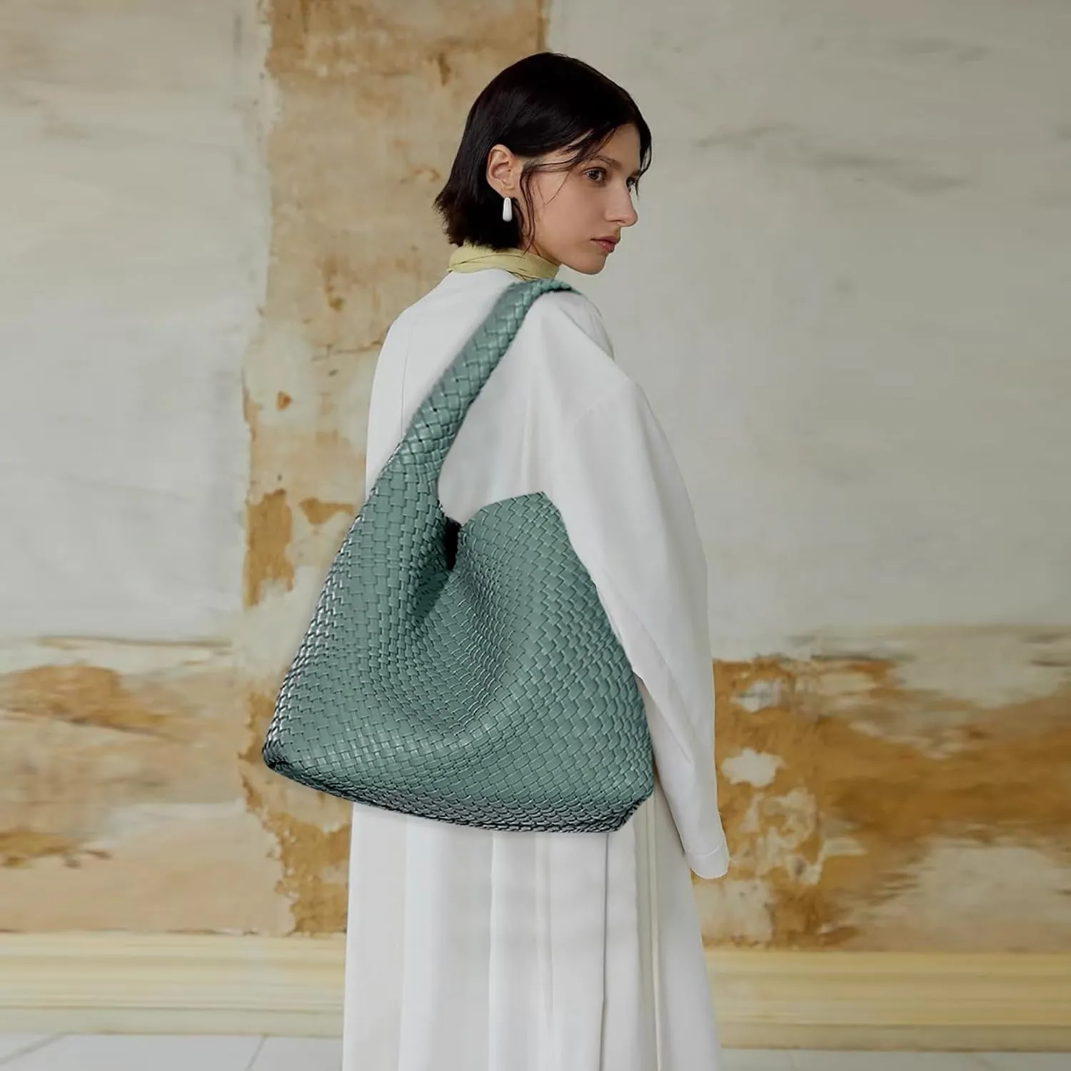 Women Vegan Leather Hand-Woven Tote Handbag Fashion Shoulder Top-handle Bag All-Match Underarm Bag with Purse