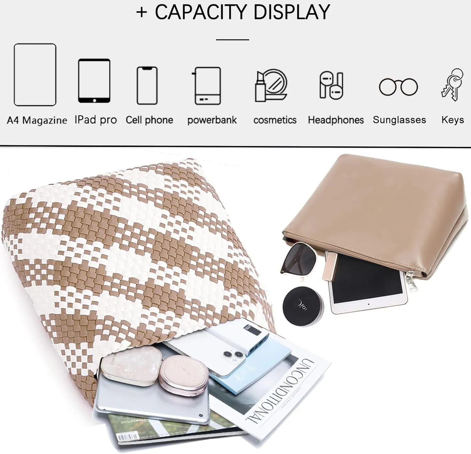 Women Vegan Leather Hand-Woven Tote Handbag Fashion Shoulder Top-handle Bag All-Match Underarm Bag with Purse