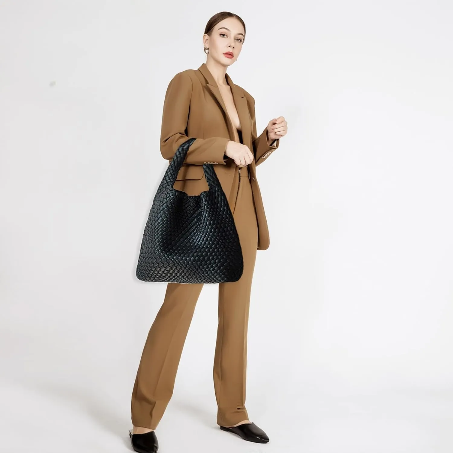 Women Vegan Leather Hand-Woven Tote Handbag Fashion Shoulder Top-handle Bag All-Match Underarm Bag with Purse