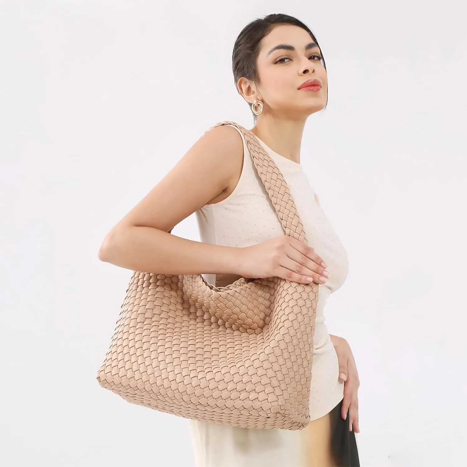 Women Vegan Leather Handmade Tote Bag Large Shoulder Top-handle Bag All-Match Underarm Bag with Purse Beach Handbag