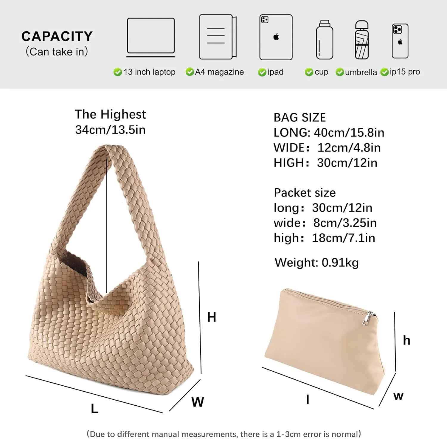 Women Vegan Leather Handmade Tote Bag Large Shoulder Top-handle Bag All-Match Underarm Bag with Purse Beach Handbag