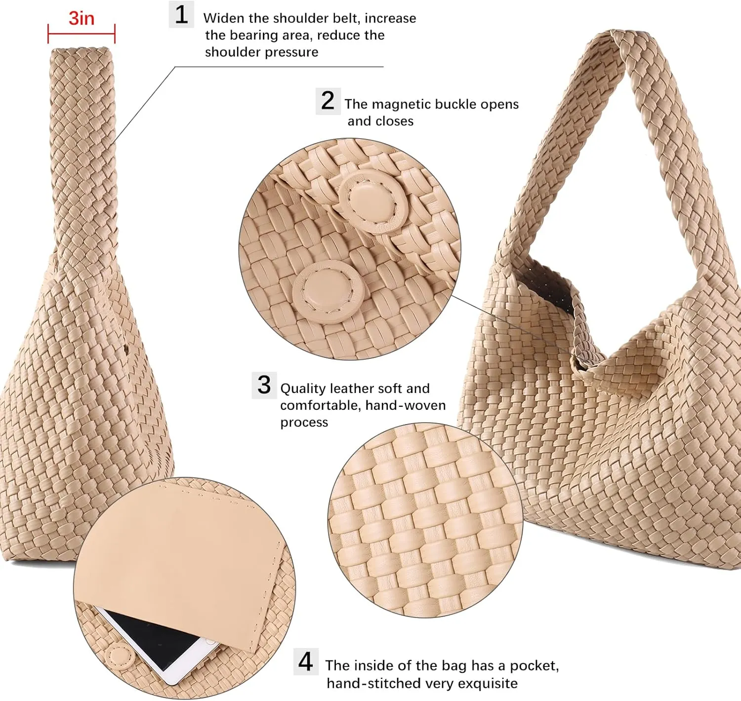 Women Vegan Leather Handmade Tote Bag Large Shoulder Top-handle Bag All-Match Underarm Bag with Purse Beach Handbag
