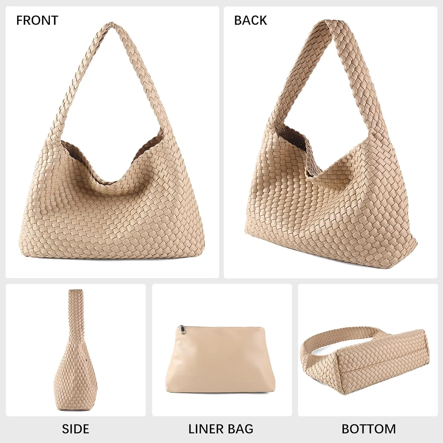 Women Vegan Leather Handmade Tote Bag Large Shoulder Top-handle Bag All-Match Underarm Bag with Purse Beach Handbag