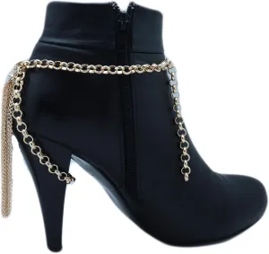 Women Western Fashion Jewelry Gold Metal Boot Chain Anklet Shoe Long Tassel Fringe Charm Strap Wrap Around
