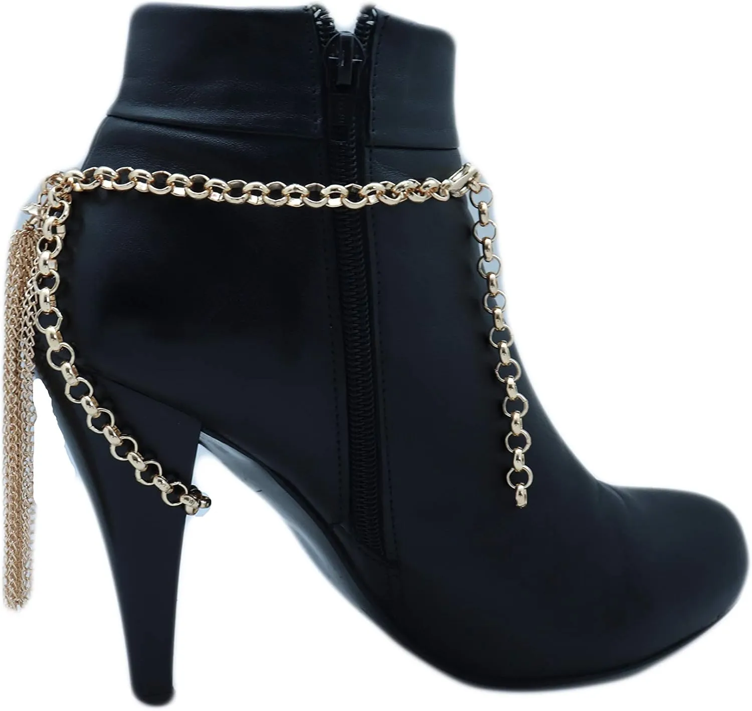 Women Western Fashion Jewelry Gold Metal Boot Chain Anklet Shoe Long Tassel Fringe Charm Strap Wrap Around