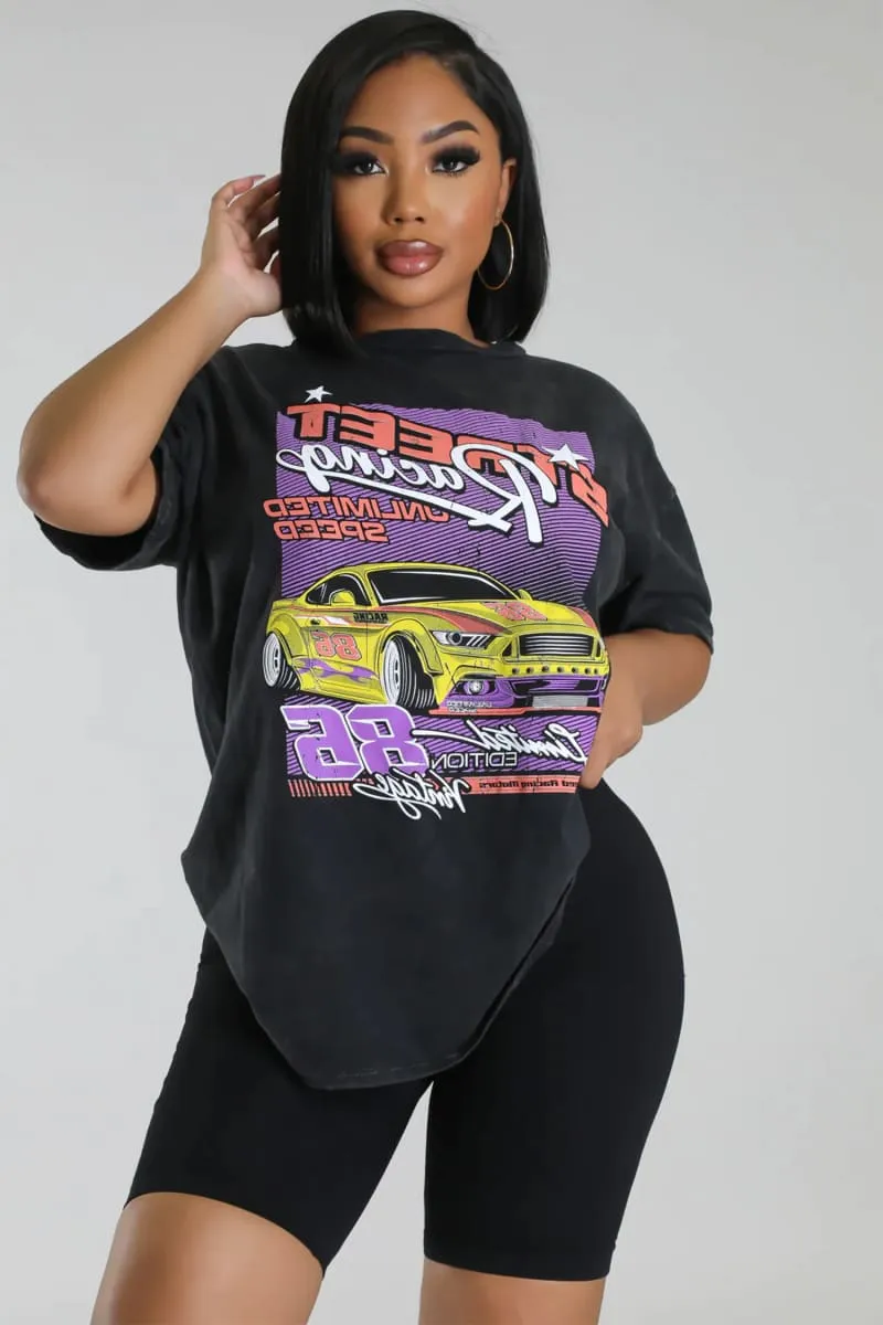 Women's Black Oversized Race Car Print T-shirt