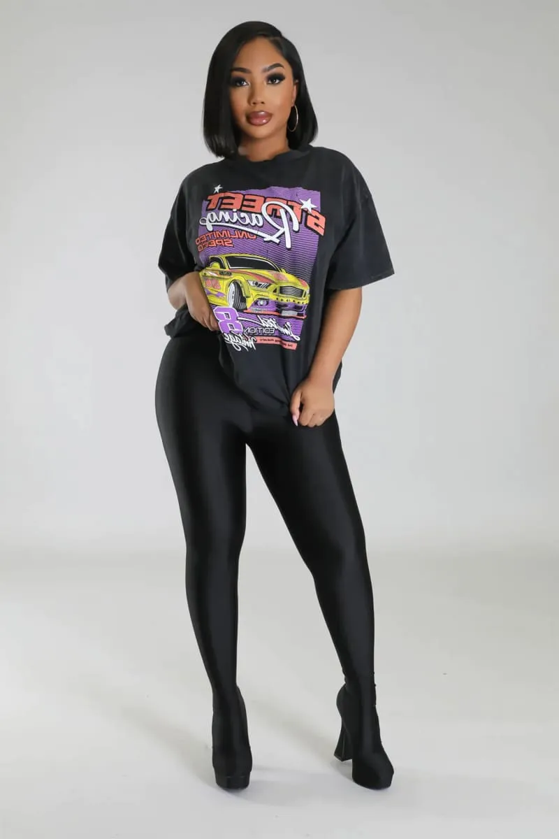 Women's Black Oversized Race Car Print T-shirt