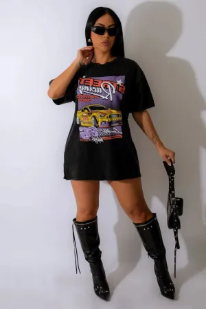 Women's Black Oversized Race Car Print T-shirt