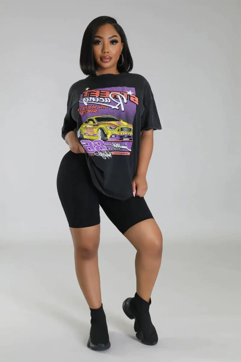 Women's Black Oversized Race Car Print T-shirt