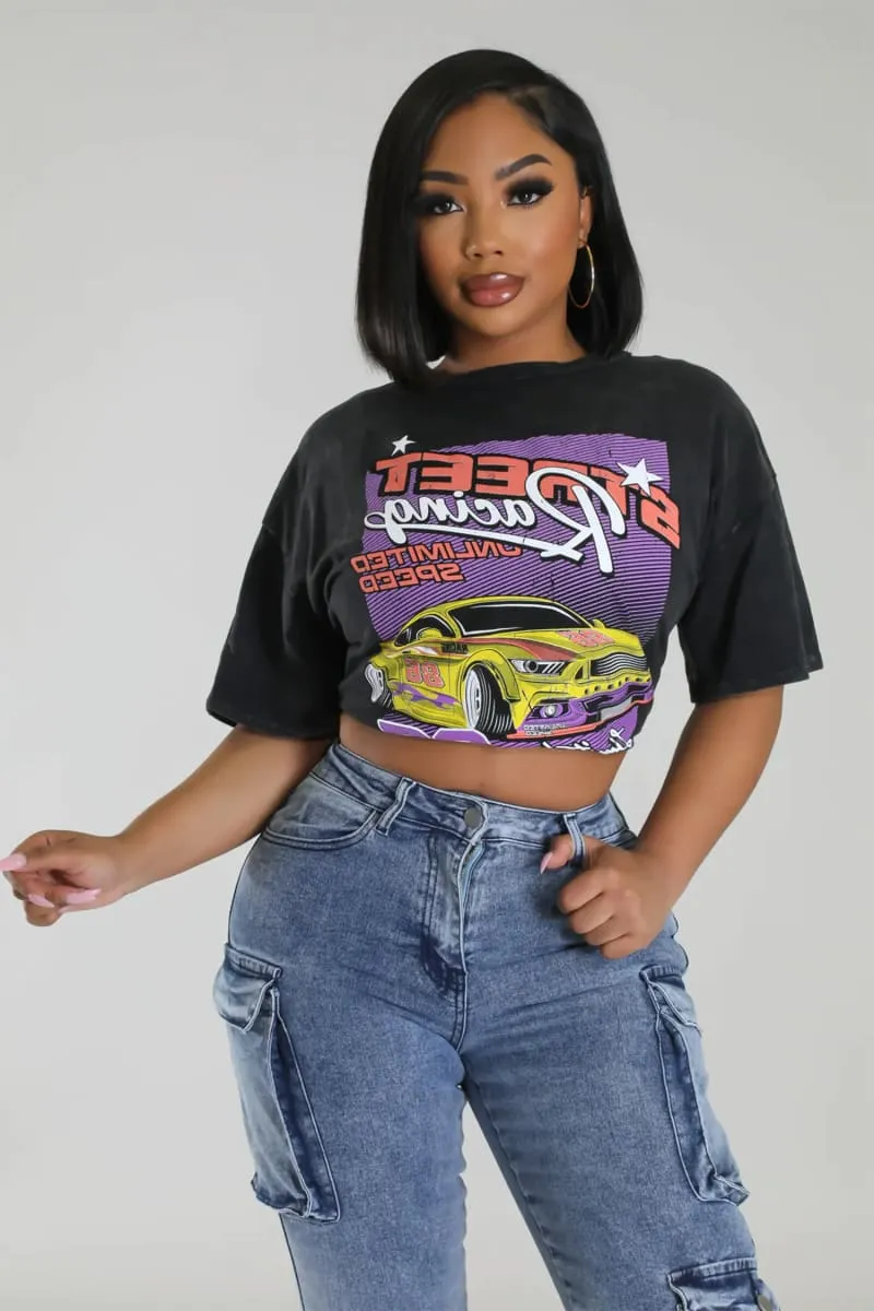 Women's Black Oversized Race Car Print T-shirt