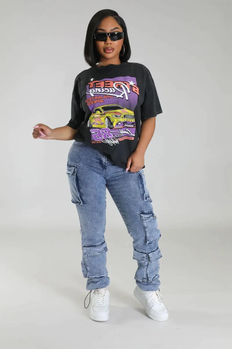 Women's Black Oversized Race Car Print T-shirt