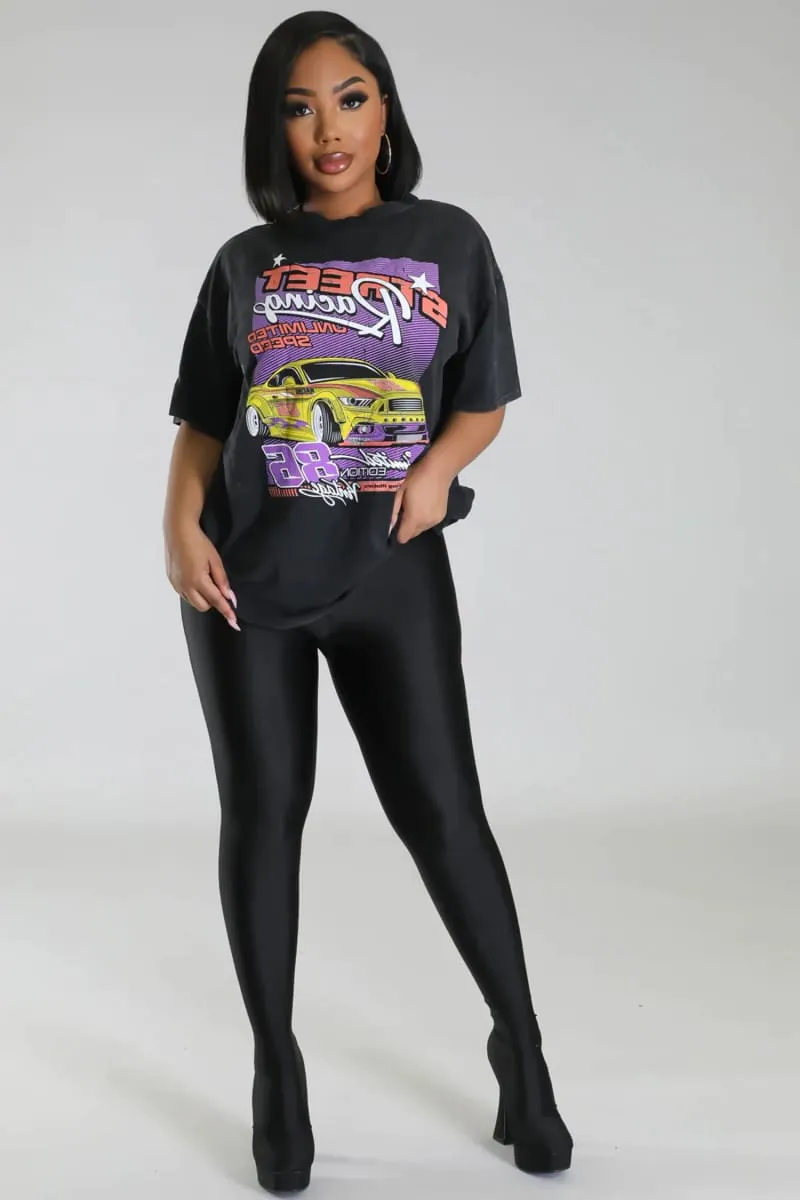 Women's Black Oversized Race Car Print T-shirt