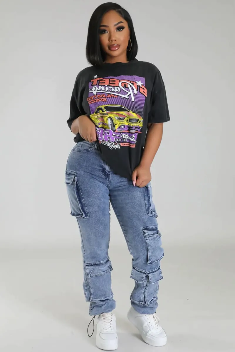 Women's Black Oversized Race Car Print T-shirt