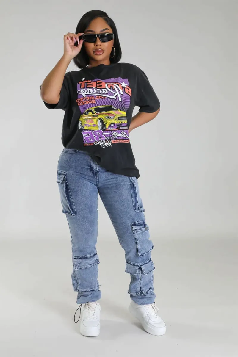 Women's Black Oversized Race Car Print T-shirt