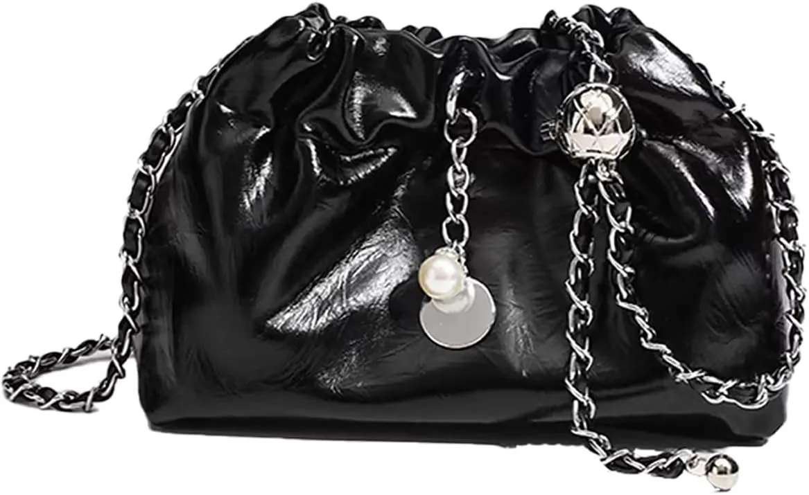 Women's Crossbody Bag with Chain Strap,Black Crossbody Bags,Small Cross body Bags,Pleated Cloud Bag,PU Shoulder Bag