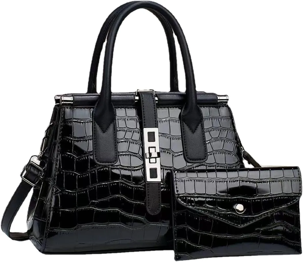 Women's Leather Crocodile Pattern Large Shoulder Bags Crossbody Handbag Top-Handle Bags Embossed Tote Purse