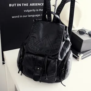 Women's Leather Korean Preppy Style Washed Black Backpacks