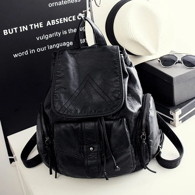Women's Leather Korean Preppy Style Washed Black Backpacks