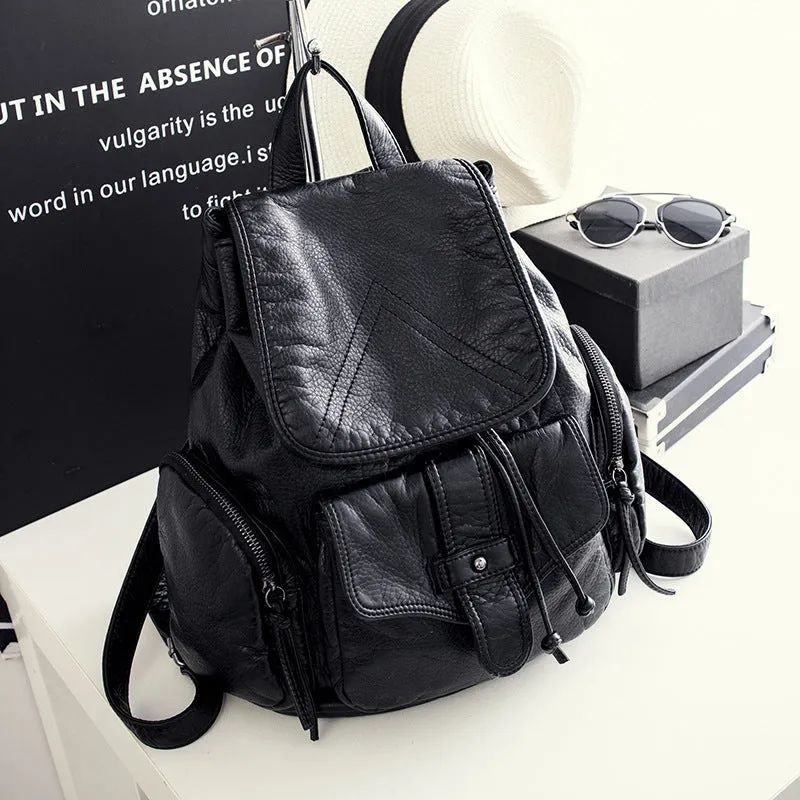 Women's Leather Korean Preppy Style Washed Black Backpacks