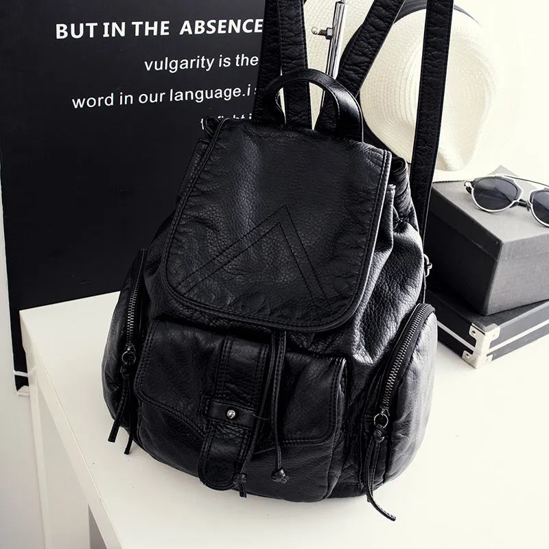 Women's Leather Korean Preppy Style Washed Black Backpacks