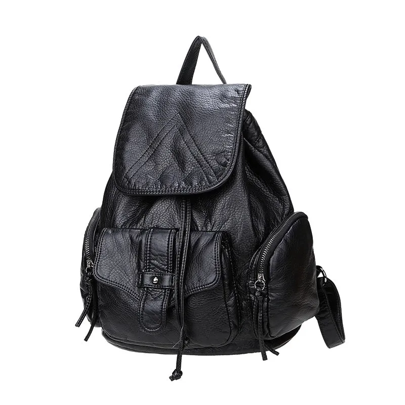 Women's Leather Korean Preppy Style Washed Black Backpacks