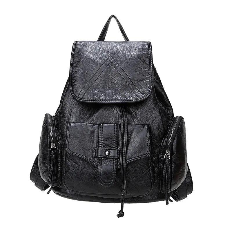Women's Leather Korean Preppy Style Washed Black Backpacks