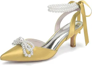 Women's Pearl Kitten Heels with Bow Satin Wedding Shoes for Bride Low Heels Bridal Shoes Pointed Toe Slingback Heels Pumps