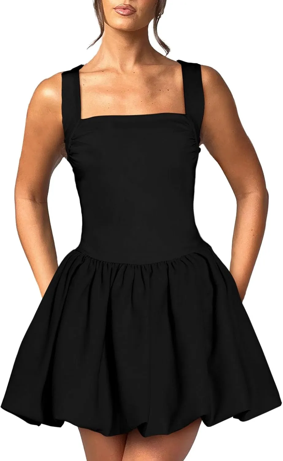 Women's Ruffle Bubble Mini Dress Sleeveless Square Neck Short Tank Dresses Party Club