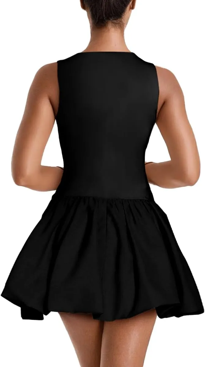 Women's Ruffle Bubble Mini Dress Sleeveless Square Neck Short Tank Dresses Party Club
