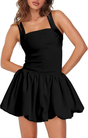 Women's Ruffle Bubble Mini Dress Sleeveless Square Neck Short Tank Dresses Party Club
