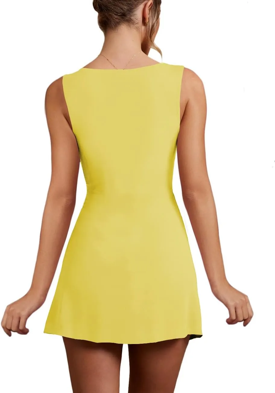 Women’s Sexy Sleeveless Square Neck Bodycon Ruched Split Party Club Mini Tank Short Dress