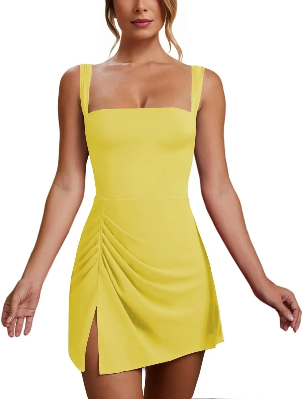 Women’s Sexy Sleeveless Square Neck Bodycon Ruched Split Party Club Mini Tank Short Dress