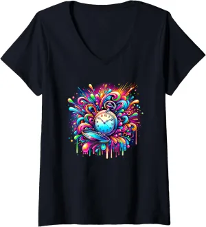 Womens Splash Art Vintage Pocket Watch Chain Retro V-Neck T-Shirt