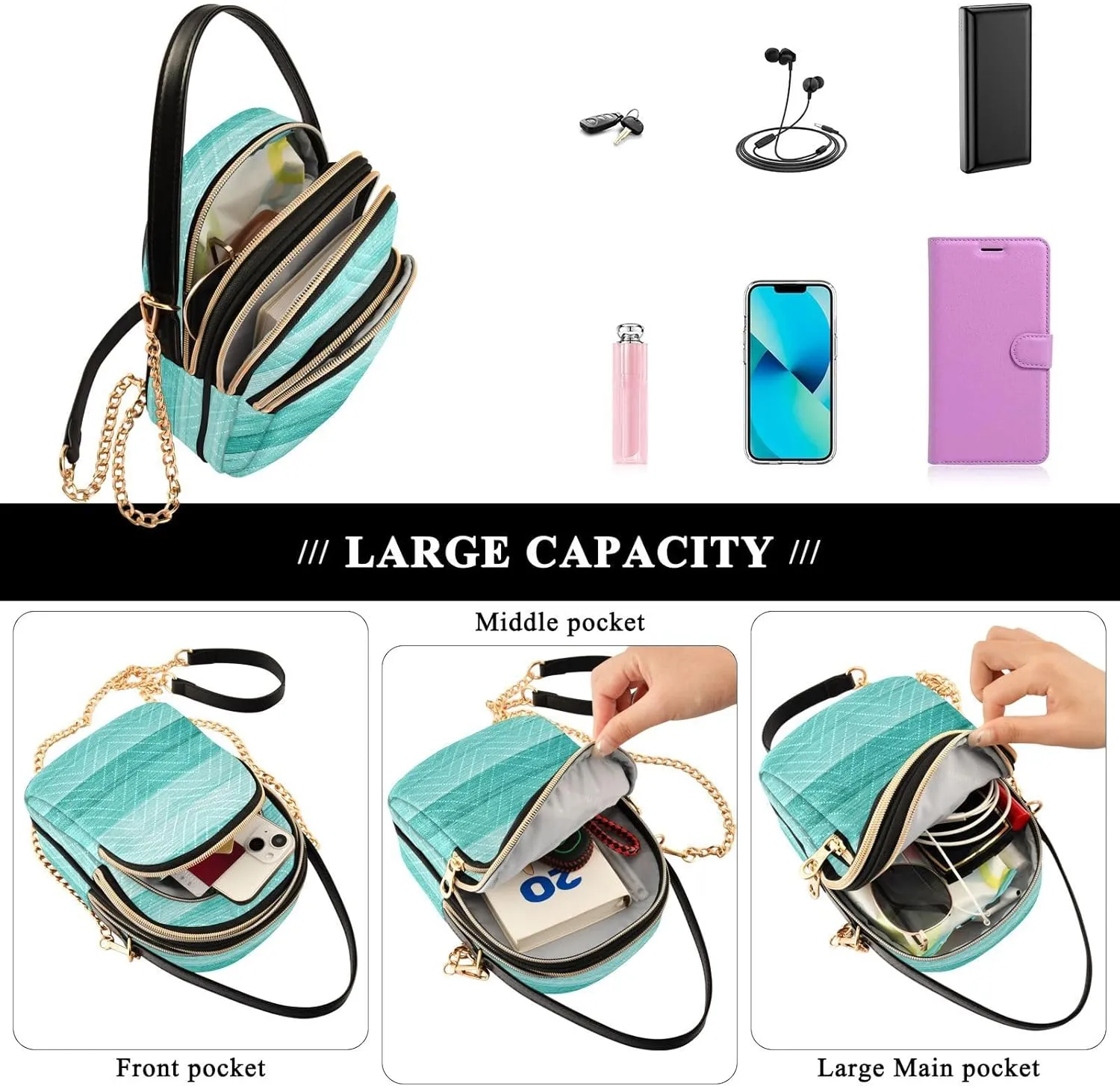 Women's Wave Cross Body Chest Bag, 52 inch Gold Chain Shoulder Handbag Purse