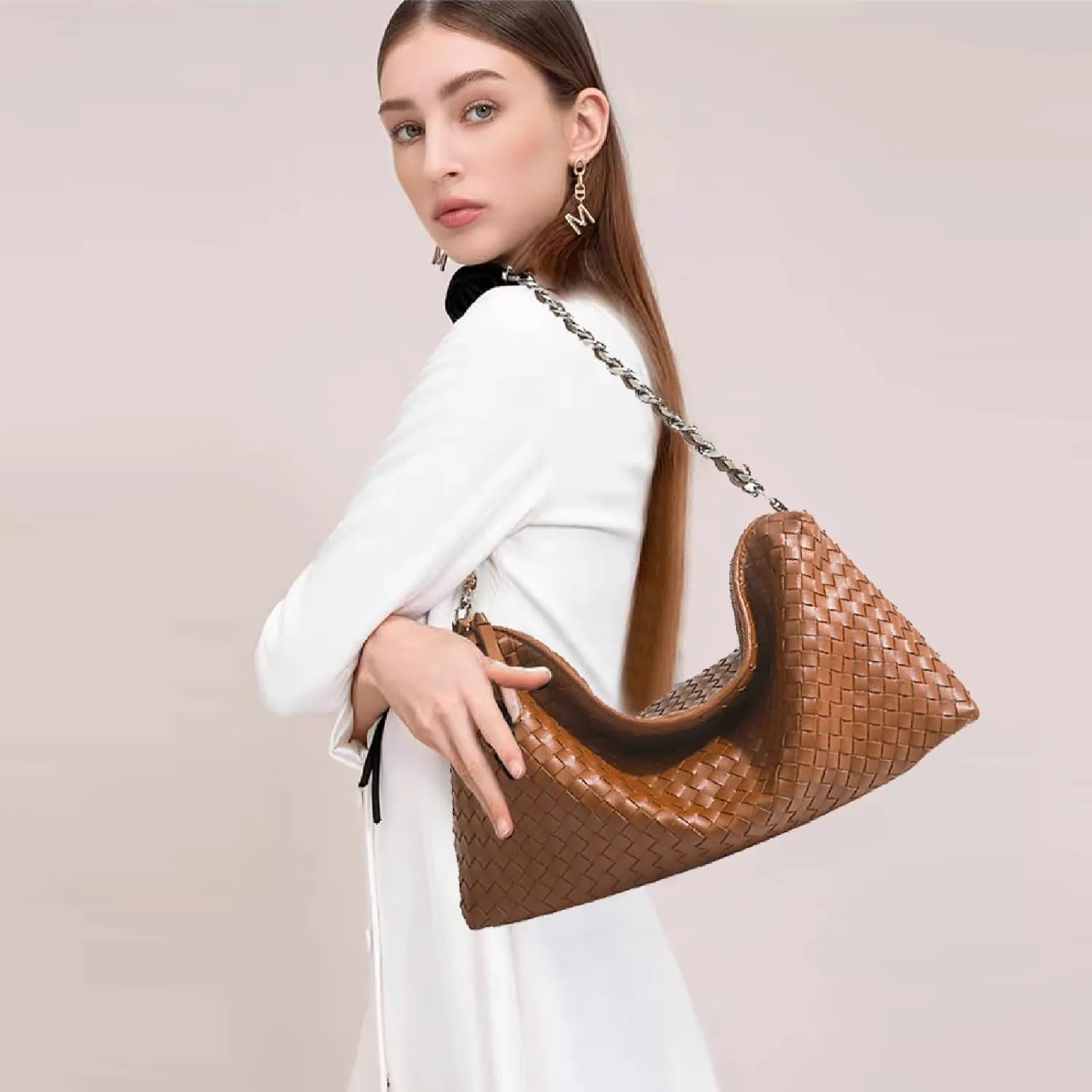 Woven Bag for Women, Fashion Top Handle Shoulder Bag Soft Vegan Leather Shopper Bag