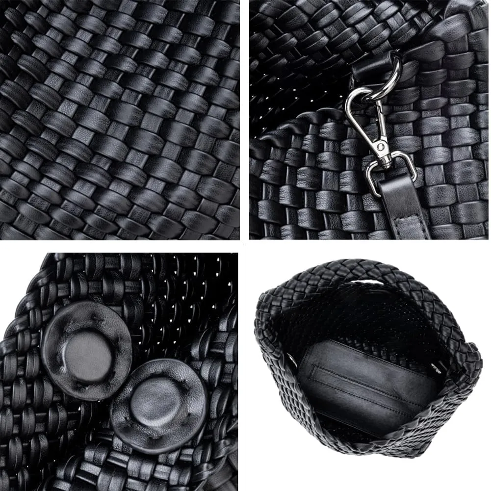 Woven Leather Bags for Women Knoted Women Handbag Designer Shoulder Bucket Purse Handmade Fashion Tote Hobo Bag Small
