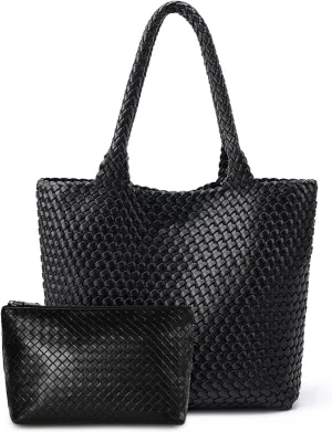 Woven Leather Handbag - Large Tote Bag for Women - Fashion Vegan Leather Tote