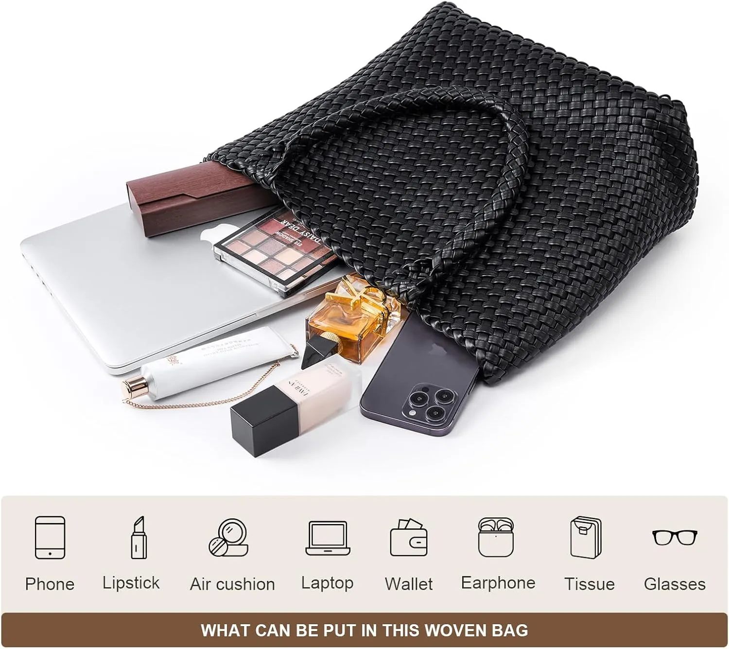 Woven Leather Handbag - Large Tote Bag for Women - Fashion Vegan Leather Tote