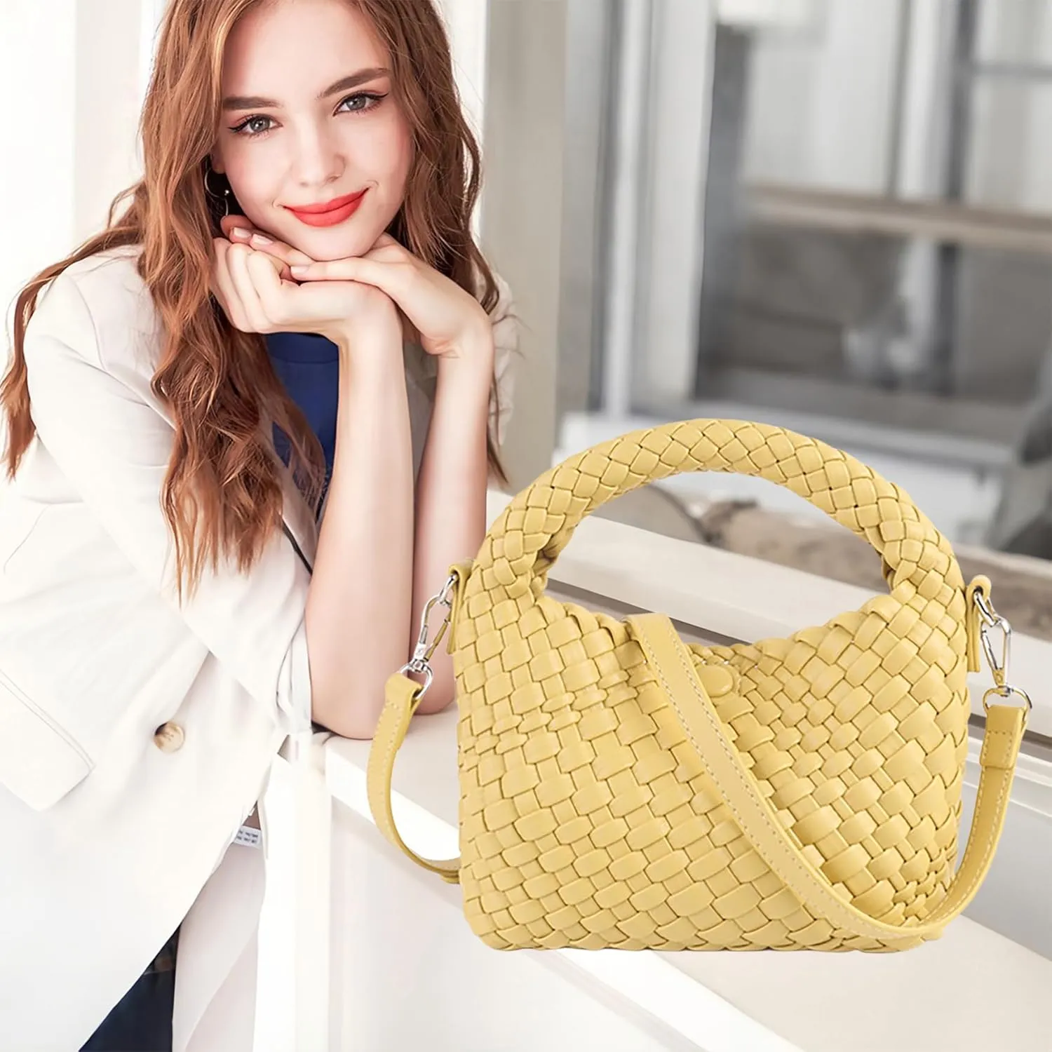 Woven Purse For Women, Small Crossbody Tote Bag with Detachable Shoulder Strap, Girls Top Handle Handbag